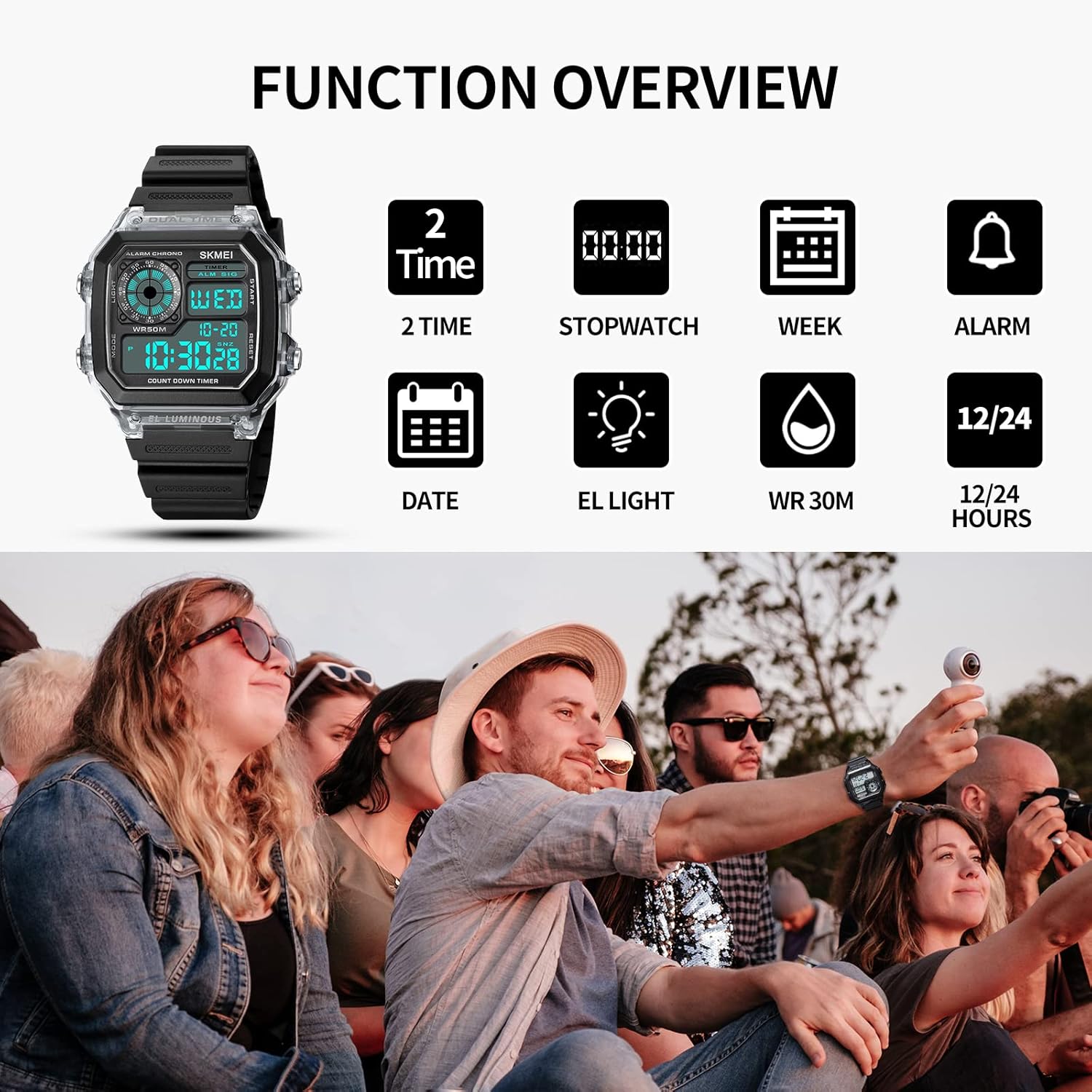Diagram showing watch functions: 2 Time, Stopwatch, Week, Alarm, Date, EL Light, WR 30M, 12/24 Hours