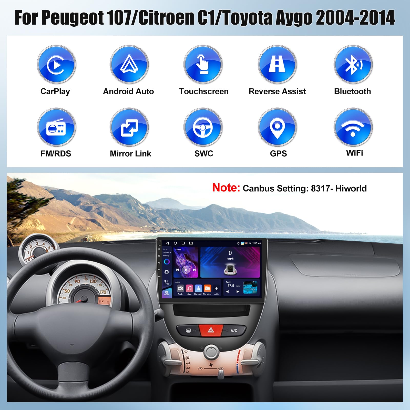 OiLiehu 4+64GB Android 13 2 DIN CarPlay Android Auto para Peugeot 107/Citroën C1/Toyota Aygo (2004-2014) Pantalla de 10,1 Pulgadas Mirror Link Bluetooth FM/RDS GPS WiFi SWC EQ Camara Marcha Atras