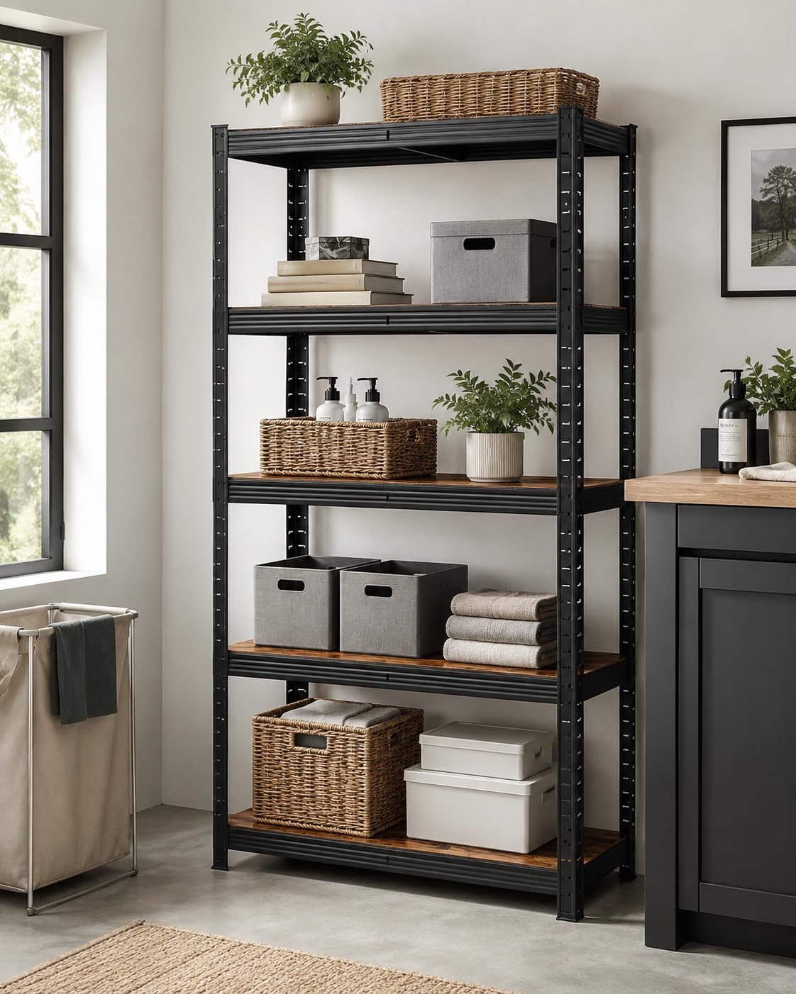 KOMBO - Scaffale Industrial 5 Ripiani in Acciaio e MDF Effetto Legno – Libreria Modulare Portata 875 kg, Struttura Robusta per Garage, Ufficio e Casa, 90x40x180 cm