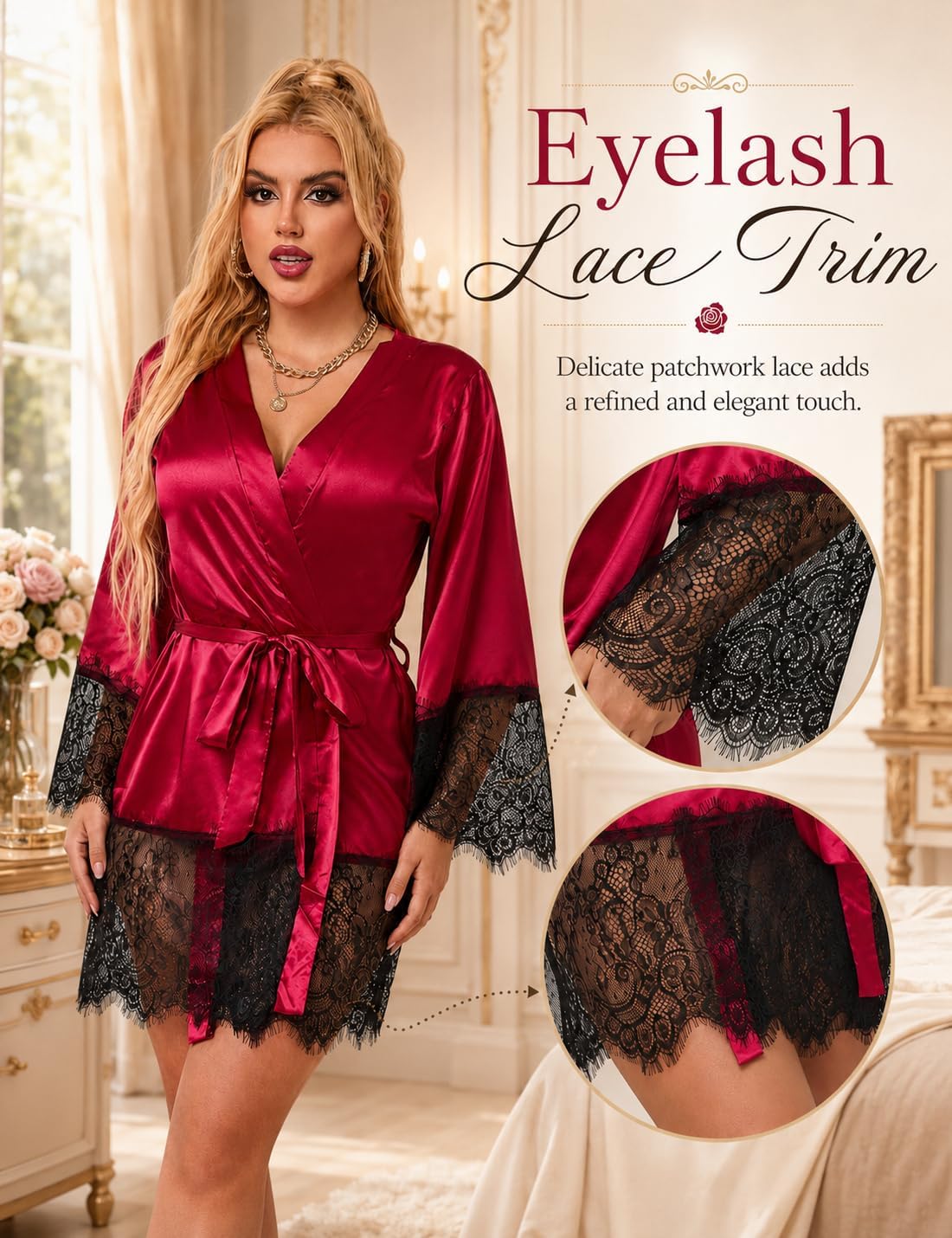 ohyeah Women's Lace Trimed Silky Satin Robe, Black&Red, XS-4XL