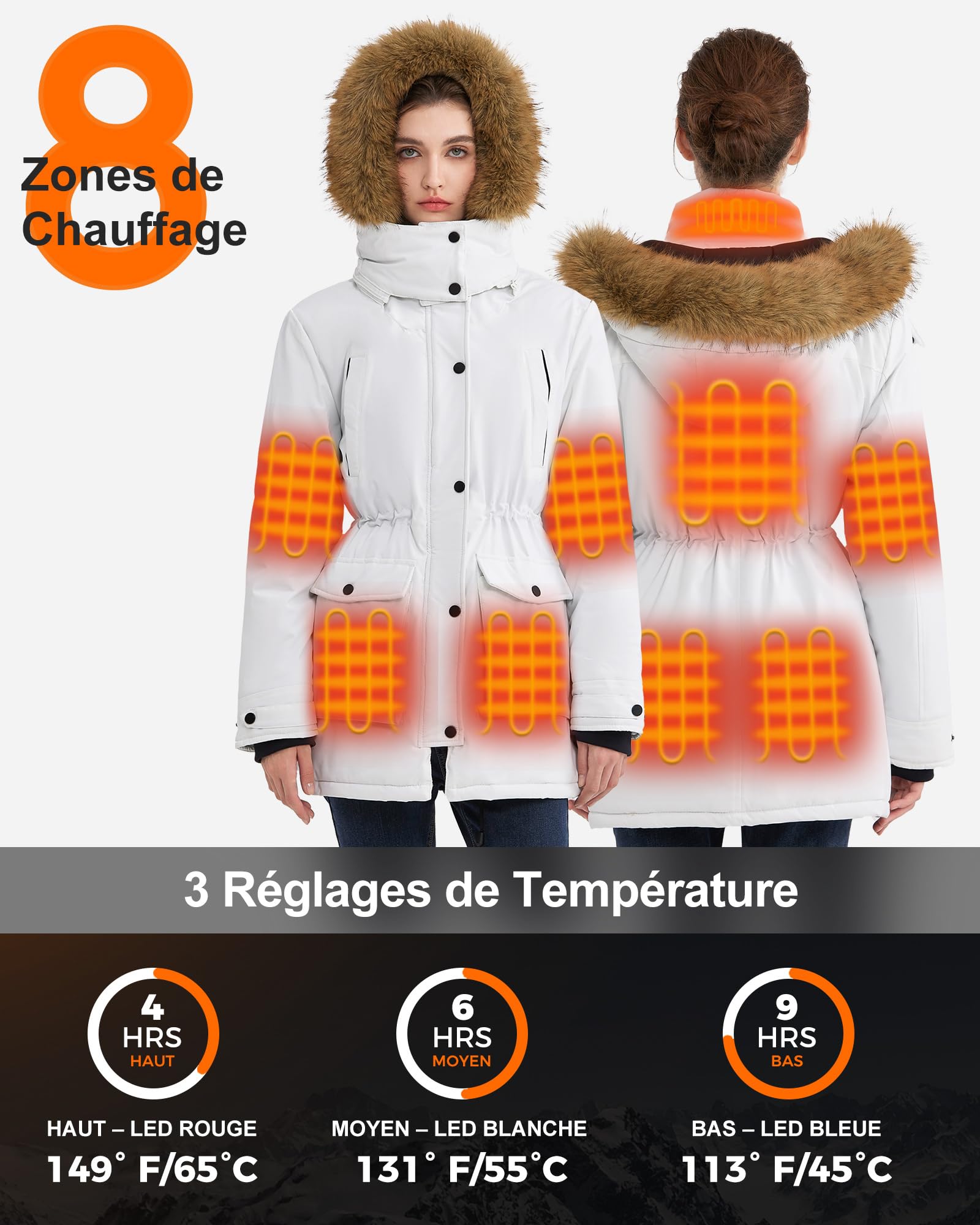 Veste Chauffante Femme avec Batterie 18400mAh 12V, Batterie Veste Chauffante, Parka Femme Vestes avec Capuche Amovible pour Extérieur