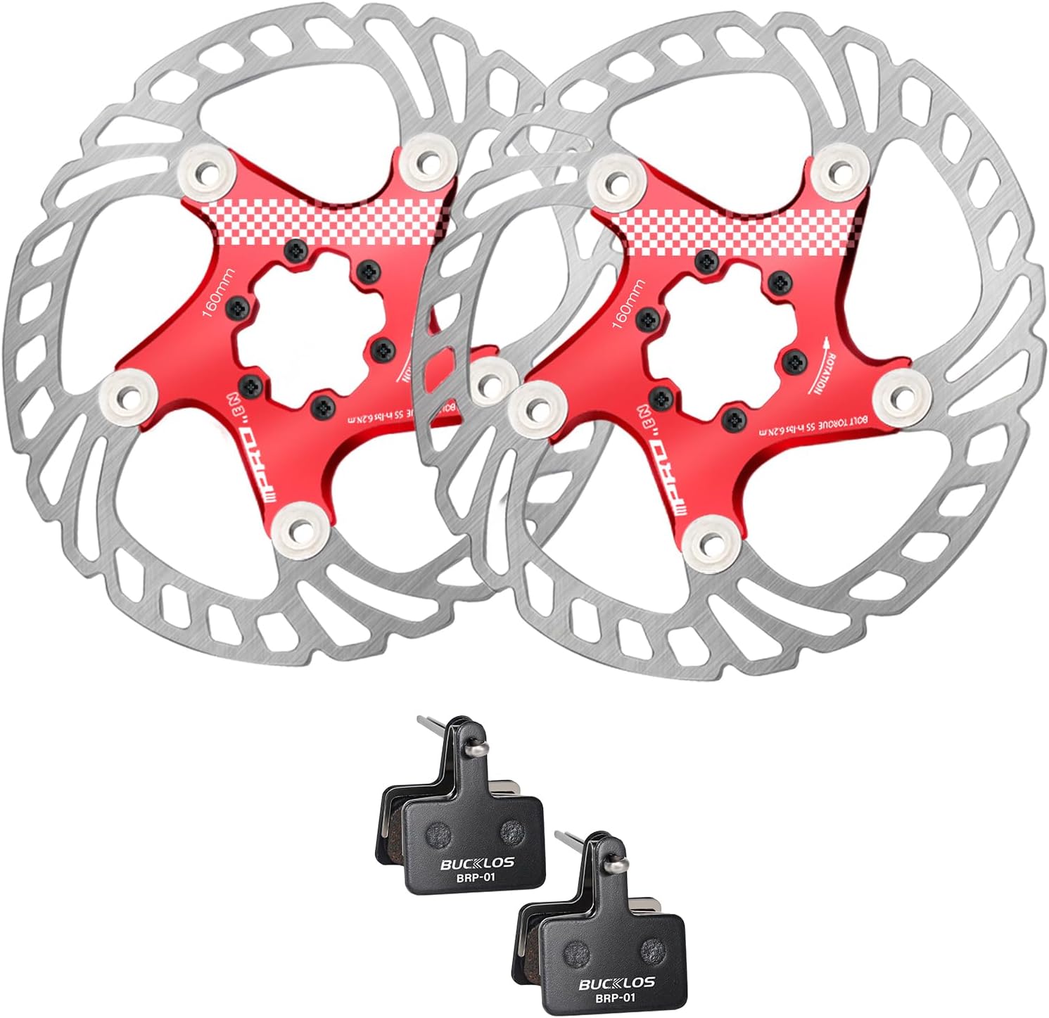 BUCKLOS 2 Pairs Semi Metallic Bike Brake Pads for TRP Tektro Shimano Deore Br-M575 M525 M515 T615 T675 M505 M495 and IIIPRO 160mm Floating Bike Disc Brake Rotor with 6 Bolts