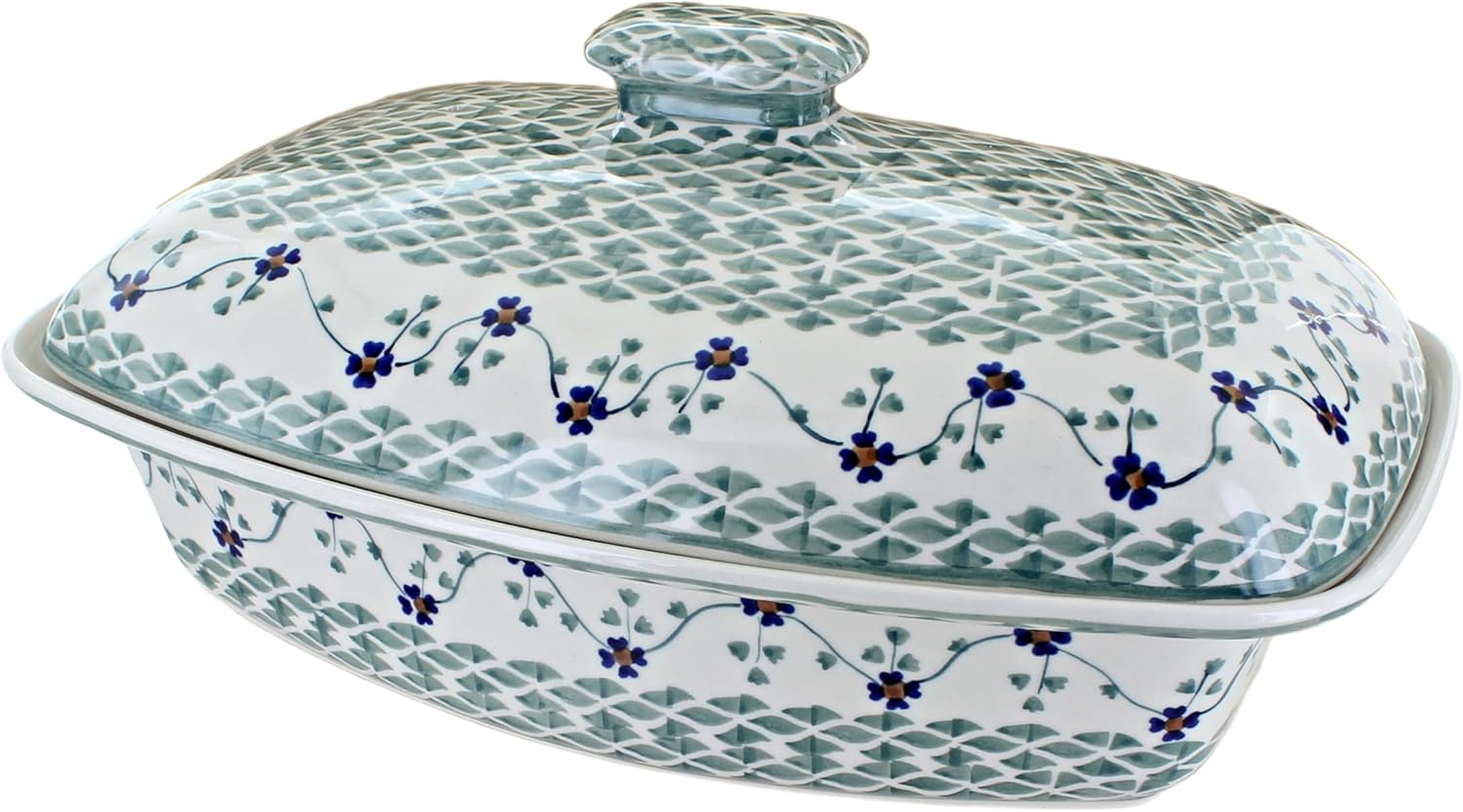 Blue Rose Polish Pottery - Vintage Blue Daisy Covered Baker - 2 QT Capacity - Unique, Dishwasher Safe, & Durable Bakeware