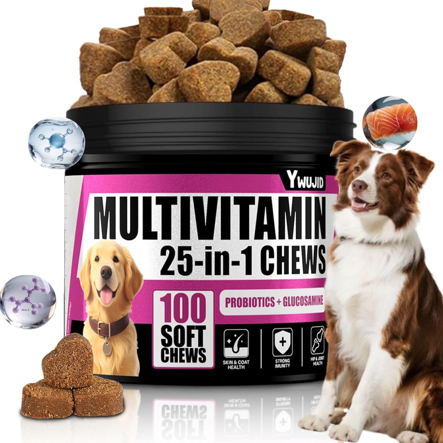25-in-1 Dog Multivitamin Chewable with Probiotics,Dog Vitamins and Supplements Hip & Joints,Pets Immune Support,Skin,Coat,Heart,Gut Health Omega 3,Glucosamine for All Breeds Puppy,Adult & Senior Dogs