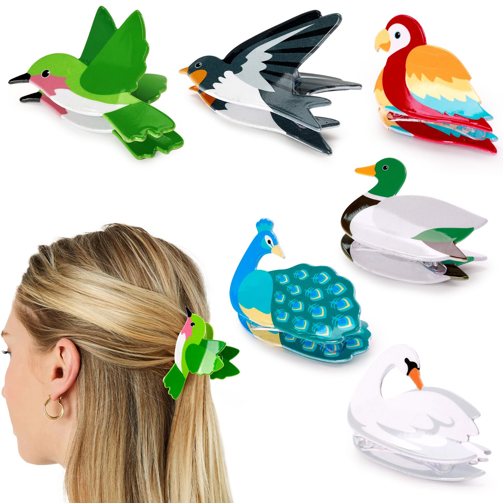 Yussti Birds Hair Claw Clips - Peacock, Swan, and Swallow Brooches for Short and Long Hair, Gift Idea for Bird Lovers and Women, 6 Pcs