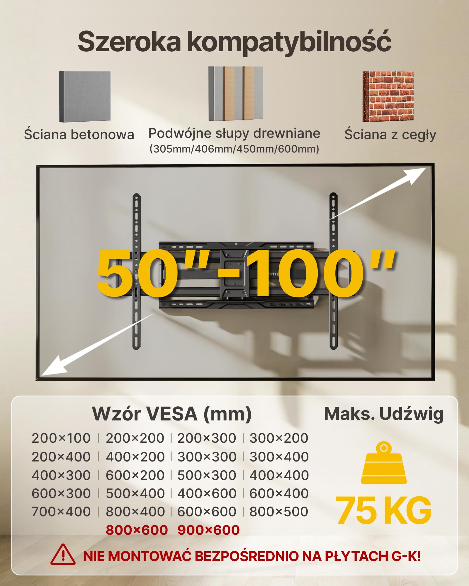 monTEK Uchwyt ścienny do telewizorów 50–100cali do 75 kg,maks.VESA900x600mm | 2026 New,Full Motion,Heavy Duty,Extended 638mm Dual Arm,Tool-Free Tilt & Swivel,Easy Assembly,Tools included