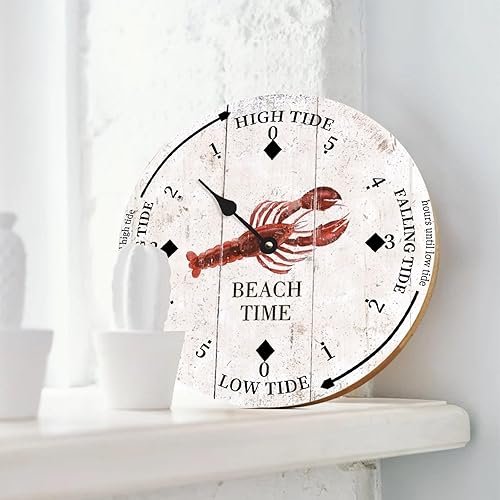 Miniatura 3 de Beach Time Lobster Farmhouse - Reloj de marea de madera de la costa este del océano náutico con luna, reloj de madera de marea alta y baja,