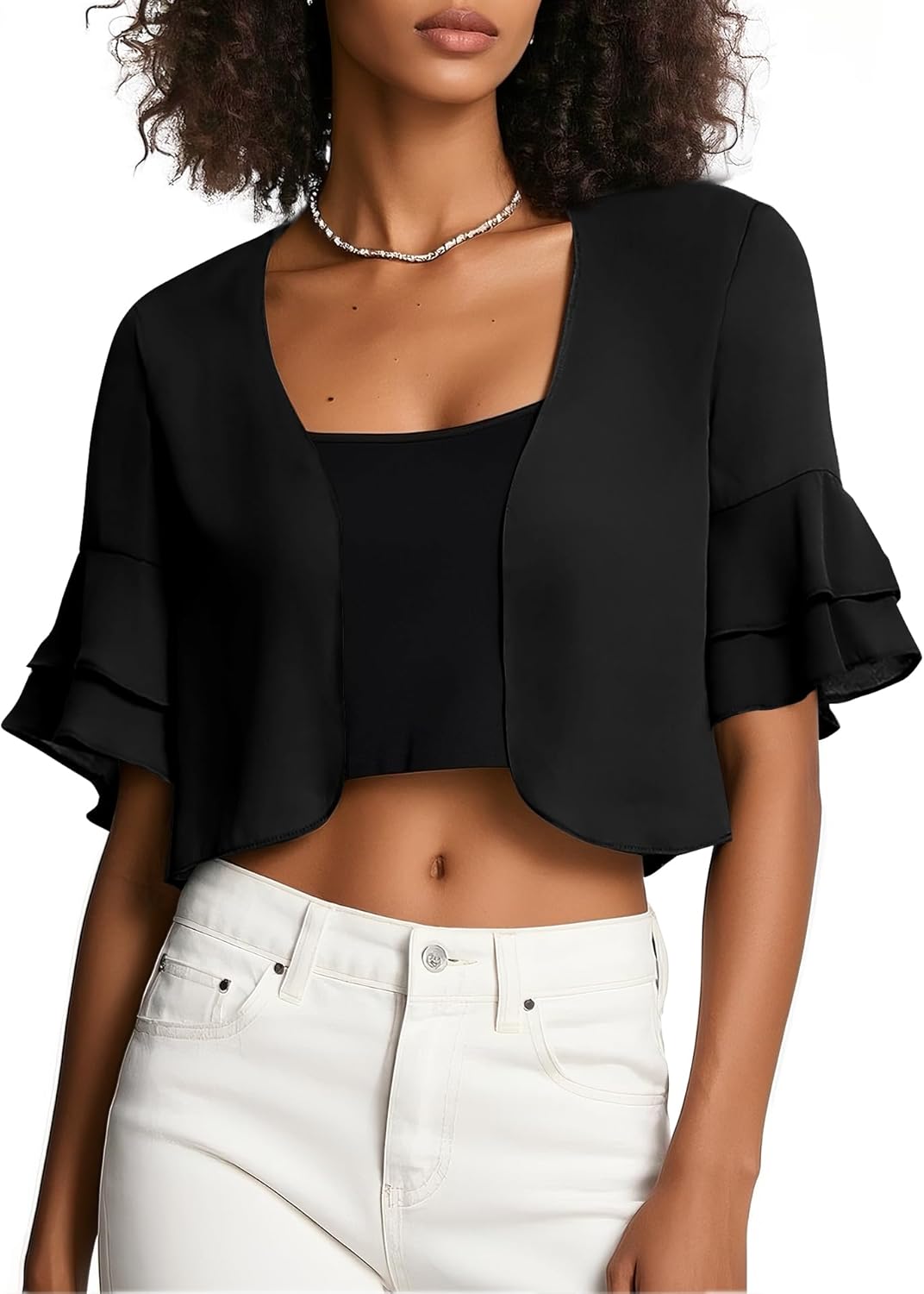 Urban CoCo Women's Sheer Chiffon Bolero Shrug Ruffle Short Sleeve Open Front Cropped Cardigan for Dresses - Image 2