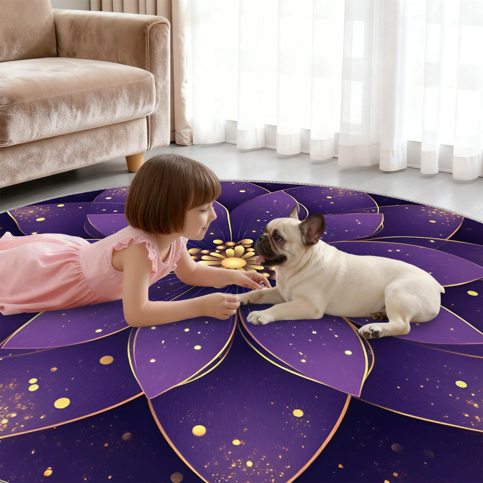 Tapis rond à fleurs violettes pour salon, bordure dorée pour chambre à coucher, tapis circulaire de luxe mandala 3D lavable, antidérapant, tapis décoratif