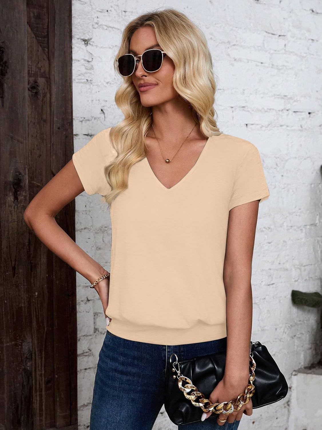 Short Sleeve Women T Shirts V Neck Tops Fashion Banded Bottom Tops Summer Spring Outfits Beach Vacation Clothes 2026 - Image 6
