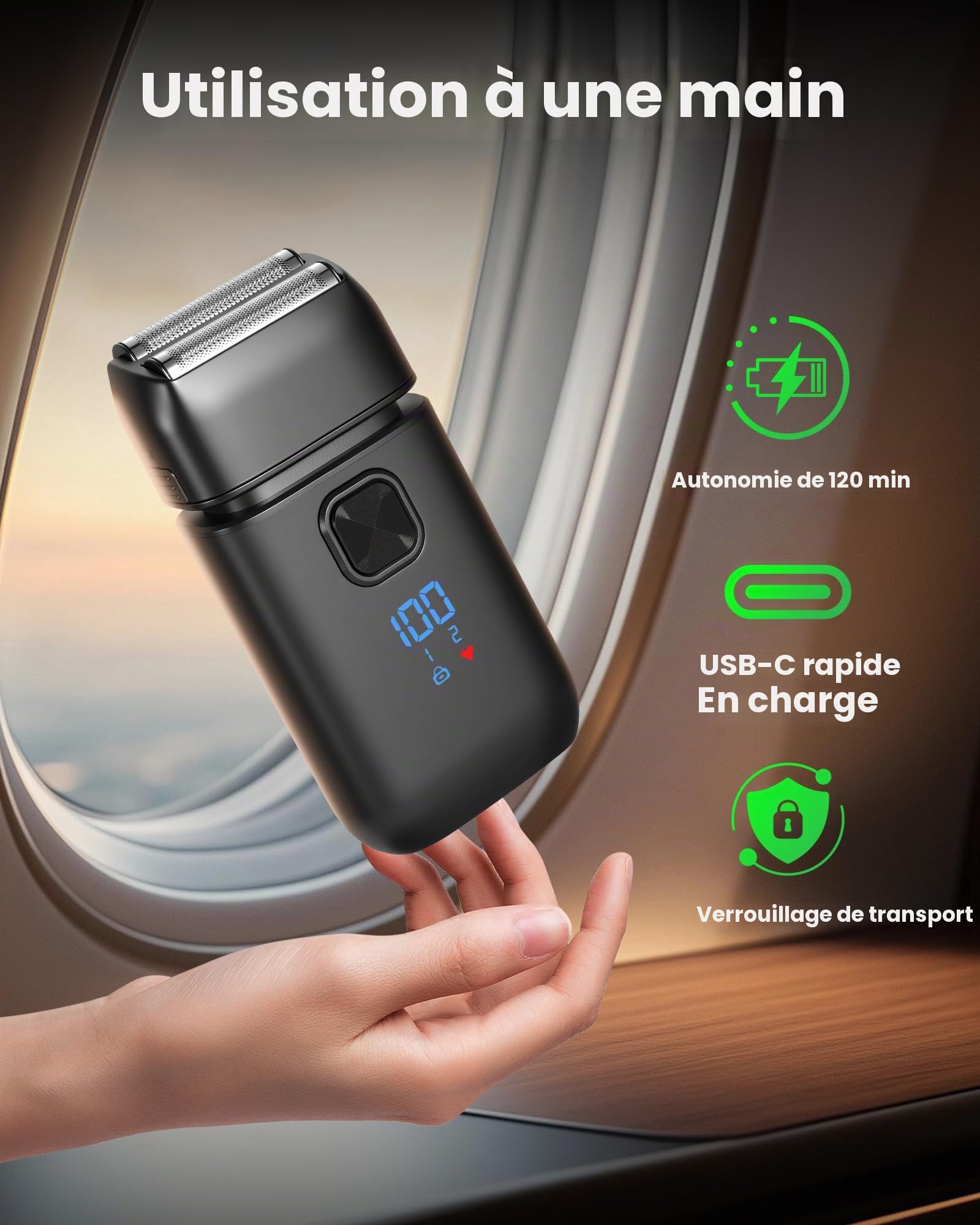 Rasoir Électrique Homme, Foil Shaver, Double Grille Flexible, IPX6 Étanche, 2 Vitesses, Écran LED, Recharge USB, Rasage Wet & Dry, Rasoir Barbe Portable avec Verrouillage Voyage