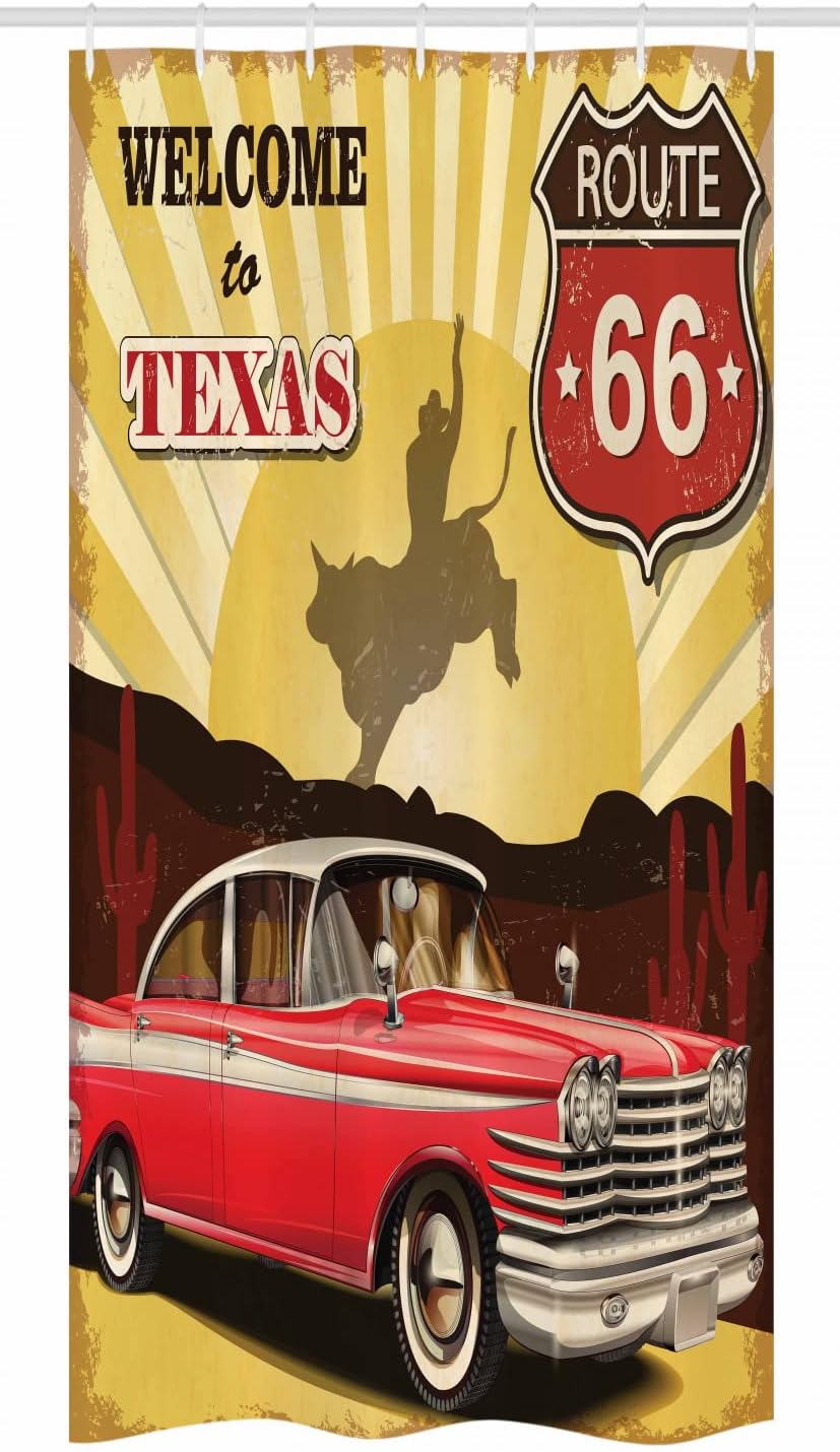 Ambesonne Vintage Stall Shower Curtain, Welcome to Texas Signboard Poster Cadillac Art Car Cowboys Town Rodeo Design, Fabric Bathroom Decor Set with Hooks, 36" W x 72" L, Dark Pink Yellow Green