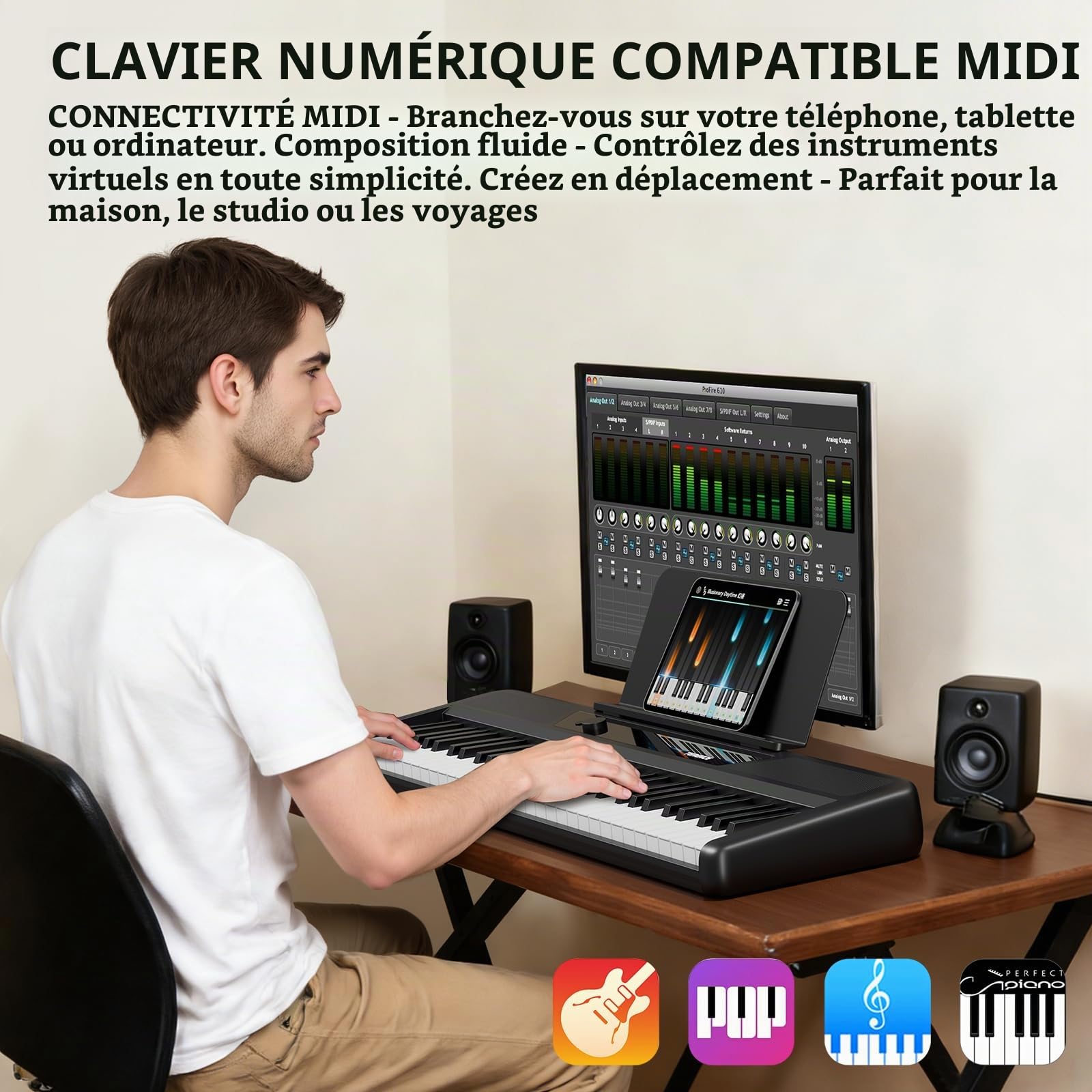 TERENCE Piano Électrique 61 Touches Portable – Clavier Numérique avec Support Touches Sensibles 128 Sons MIDI Idéal pour Enfant & Adulte Instrument de Musique Polyvalent