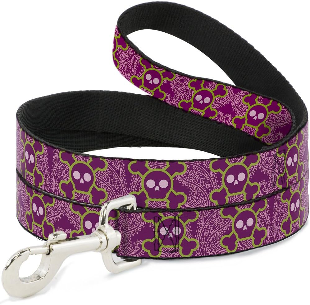 Buckle-Down Pet Leash - Cute Skulls w/Paisley Purple/Pink/Green - 6 Feet Long - 1" Wide