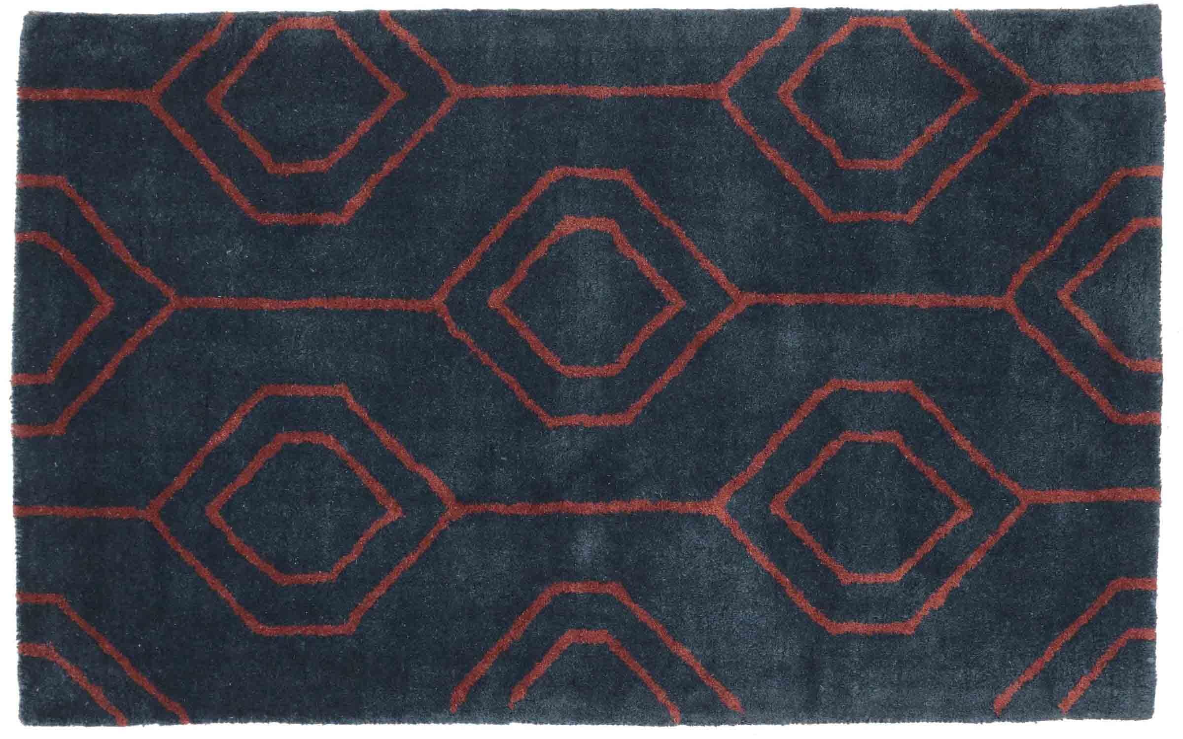 Tapis en laine vierge bleu fait main 90x150 au design moderne unique