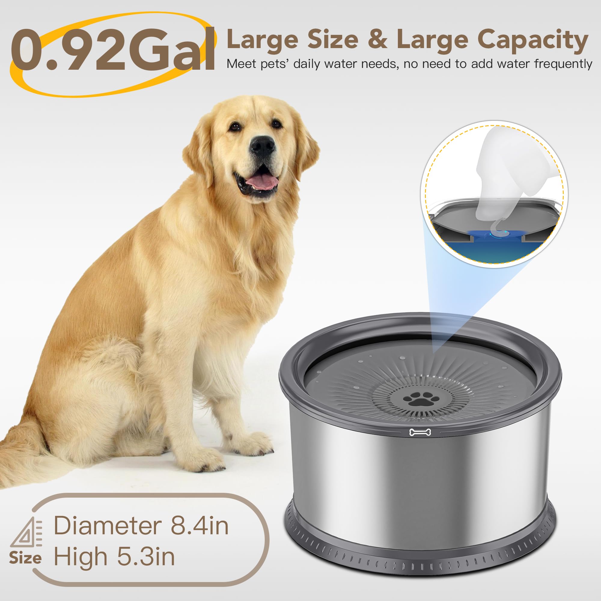 Cuenco de agua para perros de 3.5 L/3,345.2 g, cuenco de agua lenta de acero inoxidable sin derrames para perros medianos y grandes, comedero lento de gran capacidad a prueba de salpicaduras