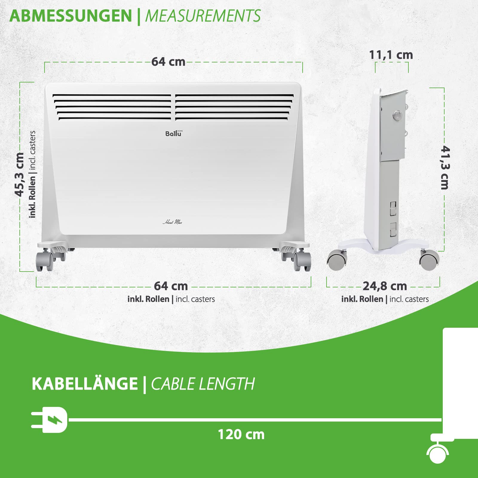 Ballu Heat Max grzejnik konwektorowy, 1500 W, montaż ścienny na kółkach, program tygodniowy, timer, konwektor elektryczny