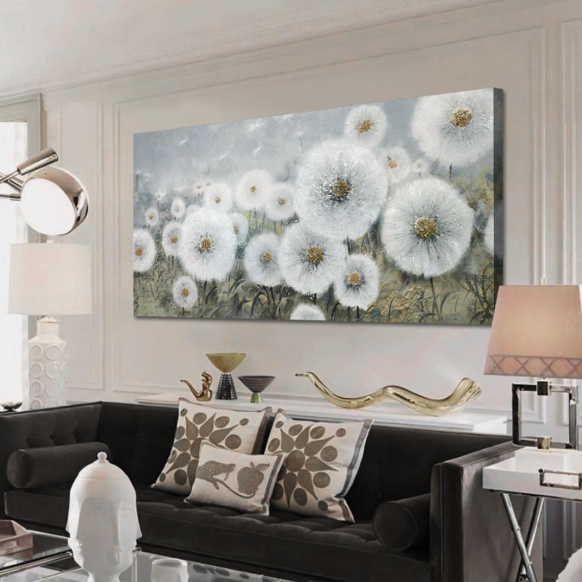 Ardemy Lienzo decorativo para pared, diseño de flores de diente de león, pintura de flores blancas, paisaje moderno, cuadro floral