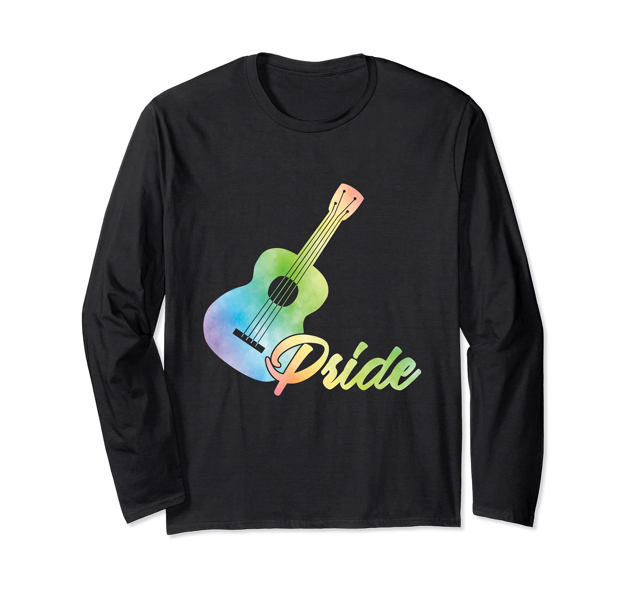 Pride Colorful Aloha Hawaiian Musician Uke Acoustic Guitar Long Sleeve T-Shirt, Black