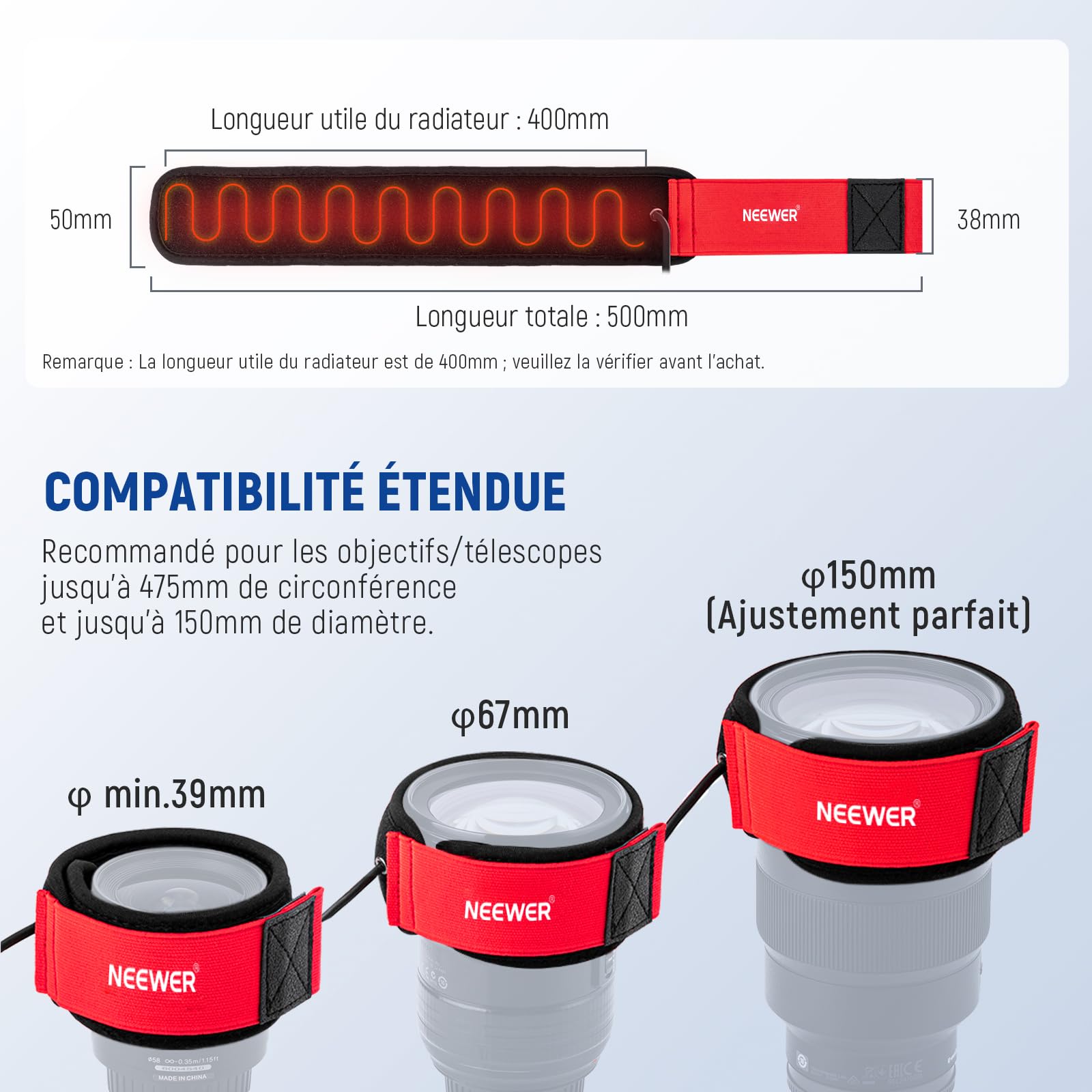NEEWER Chauffe-Objectif USB 500 mm avec 3 réglages de température, Bande chauffante Anti-rosée pour Appareil Photo Reflex numérique sans Miroir, télescope, astrophotographie, jumelle, HW-20B