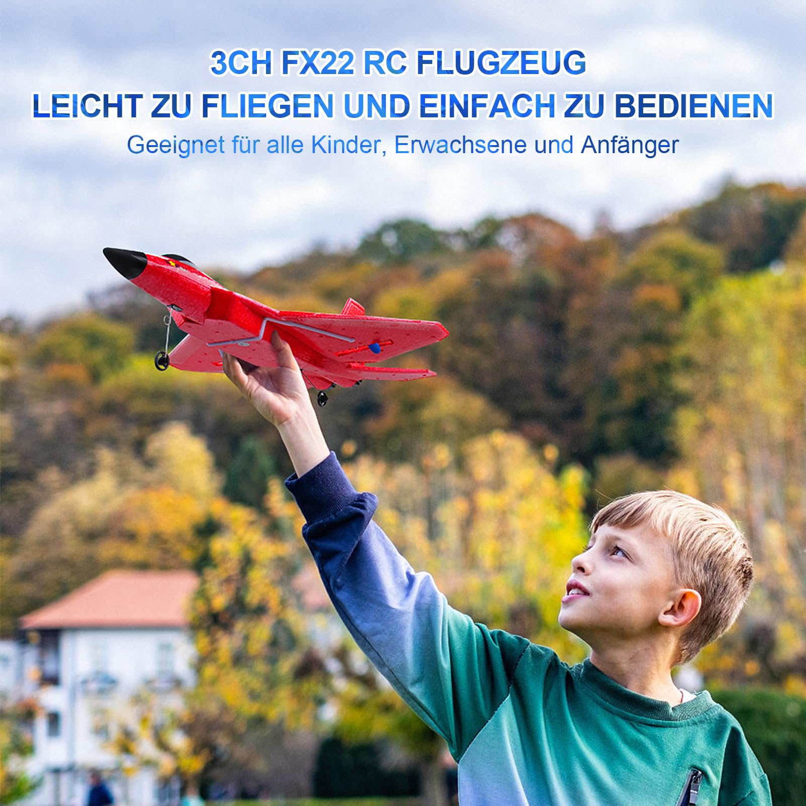 Henakmsl 3CH Aereo Telecomandato FX22, 2,4 GHz Aereo RC Aeroplano Telecomandato con 2 Batterie e Luci Colorate, Aliante Volante Telecomandato per Adatto a Bambini/Adulti/Principianti, Rosso