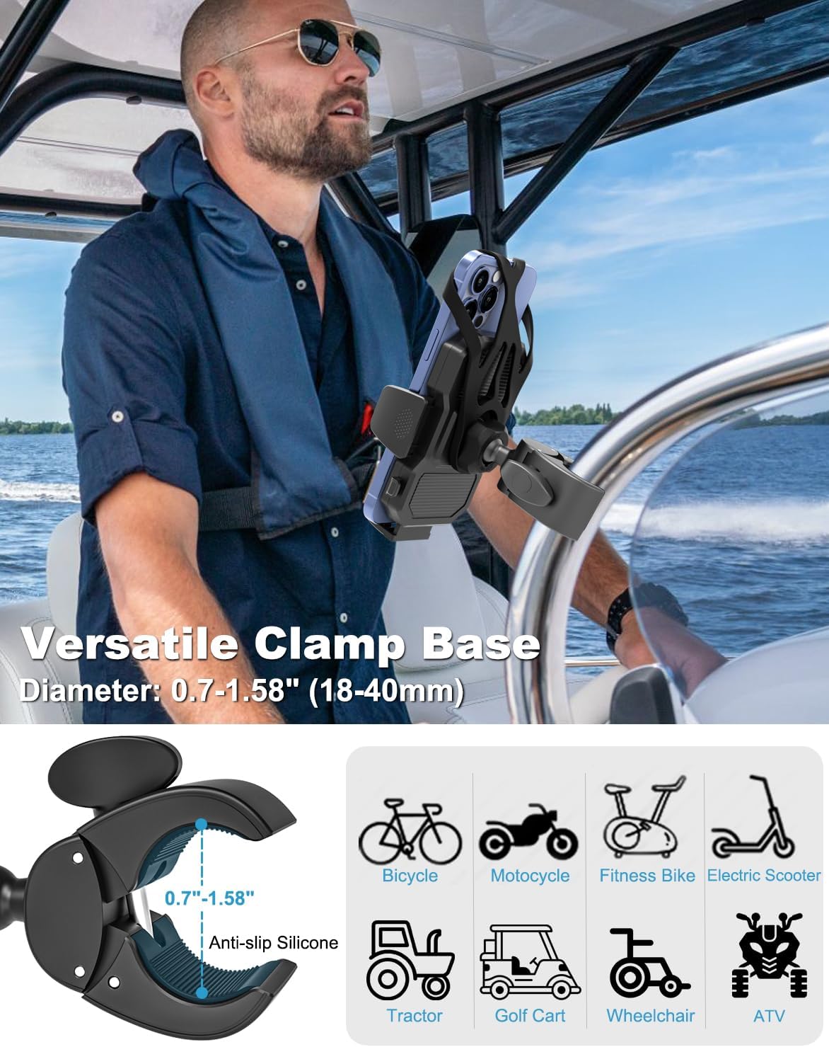 Boat Phone Clamp Mount, [Strap Double Protection] Marine Cell Phone Clip Holder, 360° Adjustable Sailboat Rail Bar Pole Helm Clamp Holder for iPhone 16 15 14 Pro Max, Galaxy, 4-7" Smartphone