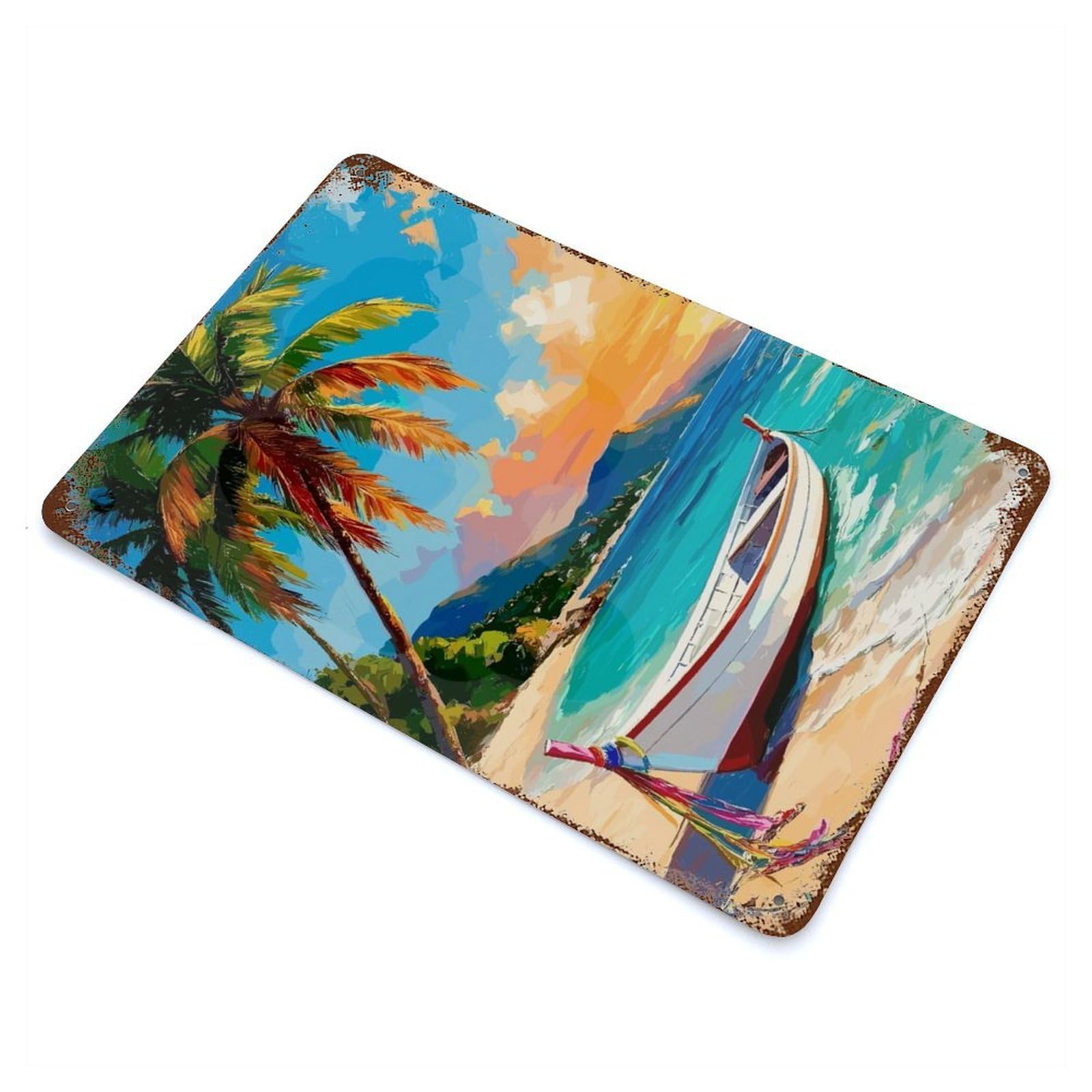 Tropical Beach with Boat And Palm Weathered Tin Sign 11.8"x7.9", Ideal for Basement, Hobby Room And Garage Decor