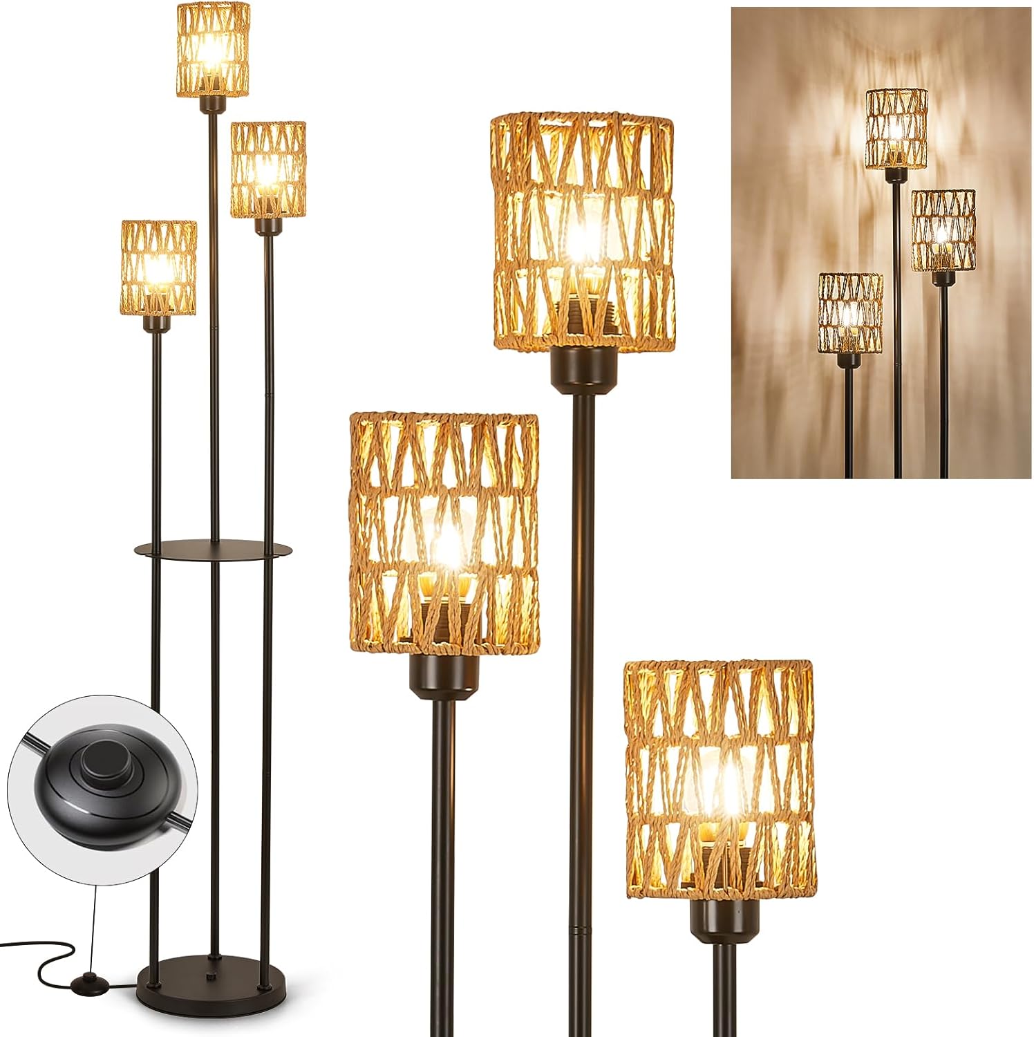Floor Lamp, 3-Lights Rattan Floor Lamp with Shelves, Farmhouse Floor Lamp with ON/Off Foot Switch, Rustic Standing Lamp with Rattan Shades, Tall Floor Lamps for Living Room Bedroom Office
