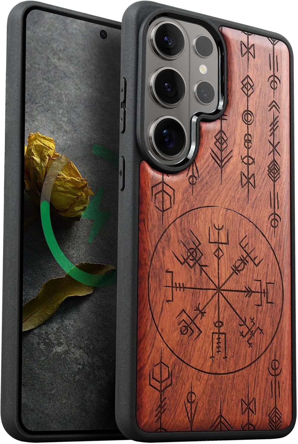Carveit Magnetic Wooden Case for Samsung Galaxy S26 Ultra Case 2026, TPU Shockproof Cover & Wood Artisan Engraved, Compatible with MagSafe Wireless Chargers (Viking Amulet) Rosy