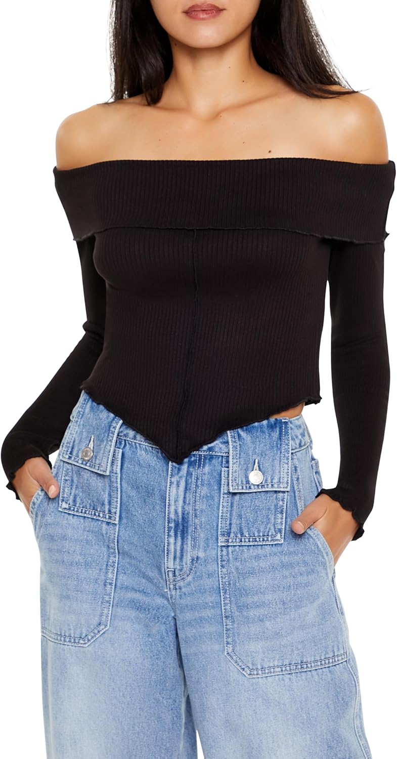 Forever 21 Womens Off-The-Shoulder V-Hem Crop Top