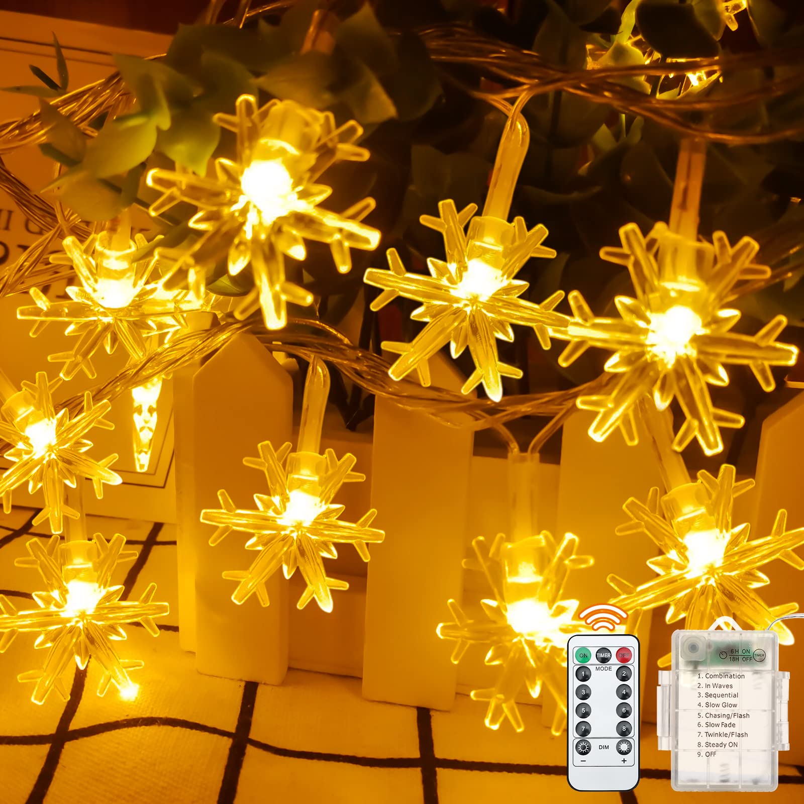 RECUTMS Weihnachtslichterkette Mit Schneeflocken – 6 M, 40 LEDs, Batteriebetrieben, Warmweiß