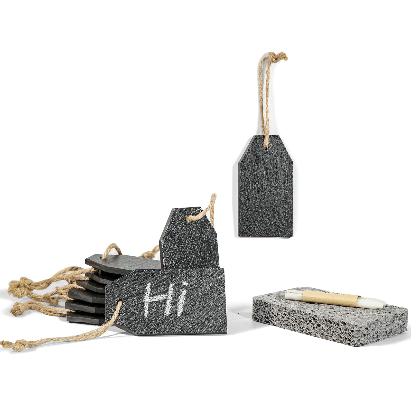 WLWNWFT Slate Blank Hanging Tag Signs, Set of 10 with 2 Chalks and 1 Sponge, mini Slate Label Chalkboard Hanging Signs Plant Hangers Markers Tags Wedding Party Christmas Decorations