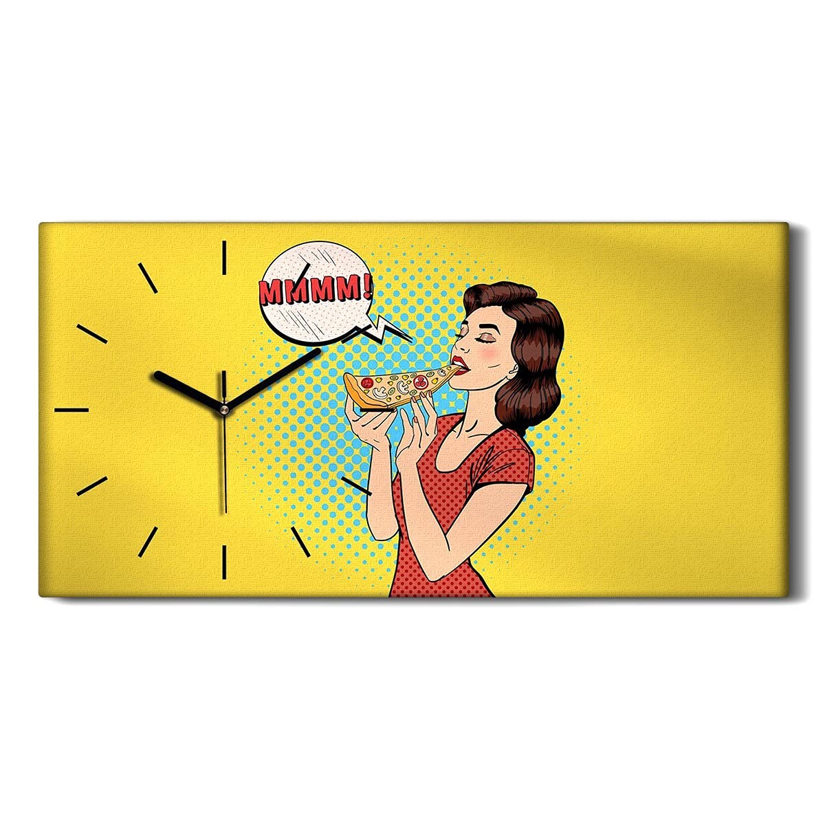 Horloge sur Toile Art Moderne Image Pop Jeune Femme Pizza - Déco Murale 60x30