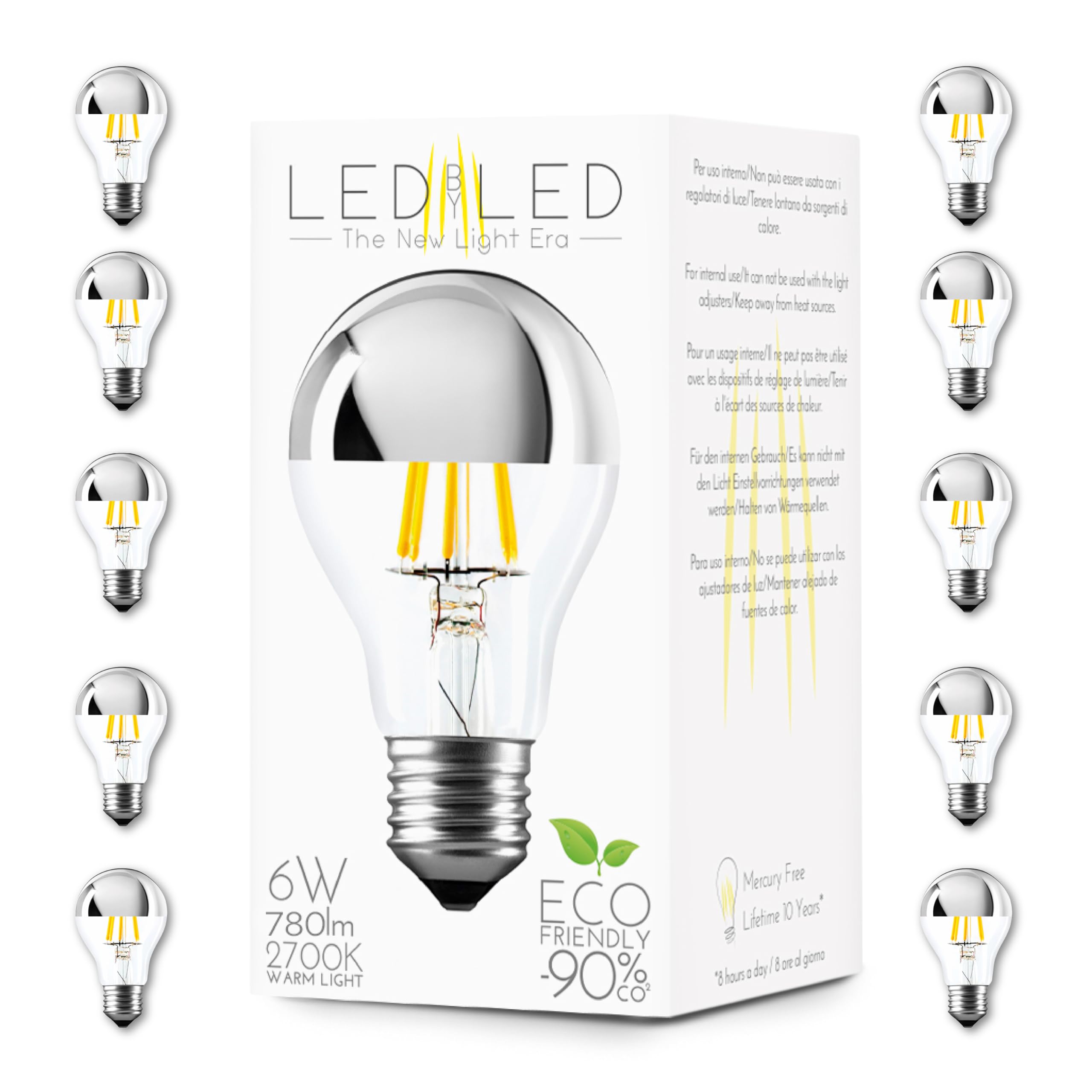 Lampadina Goccia Specchio 6W Pari a 60W, E27, Vetro Mirror-Trasparente Silver Top, 2700K Luce Calda, filamento LED dritto, 780 Lumen, Pack 10 Pezzi