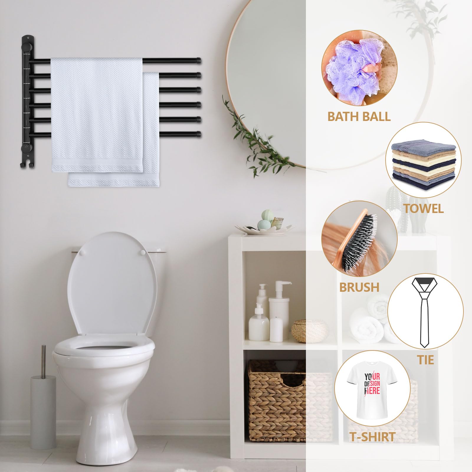 Teenyyou Toallero giratorio de acero inoxidable 304 de 16 pulgadas, 6 brazos, toallero de baño, ahorro de espacio, soporte para toallas de piscina, barra giratoria para colgar en la pared con gancho