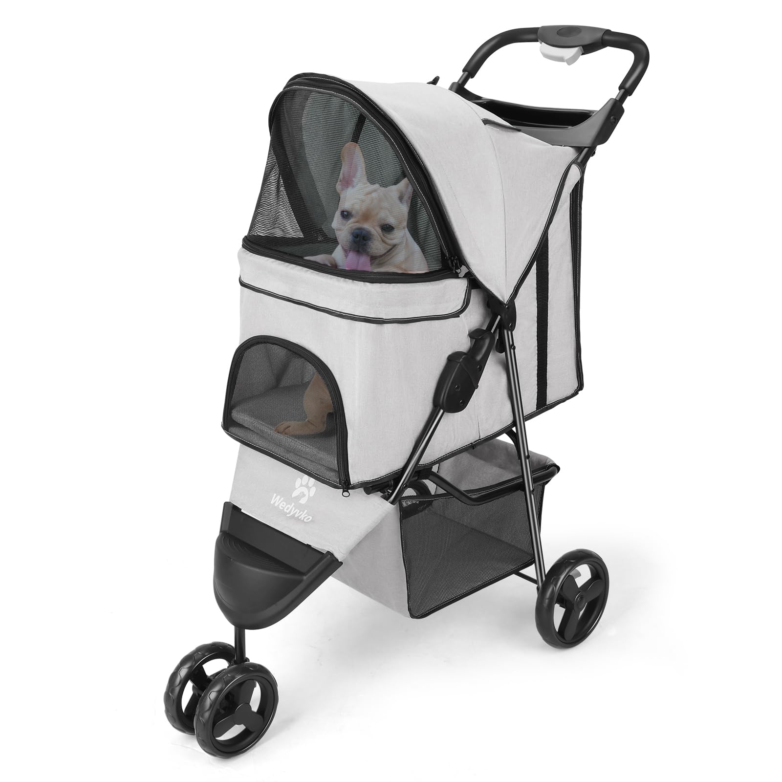 Wedyvko Cochecito para perro, cochecito para mascotas para perros pequeños, gatos, hasta 33 libras con cesta de almacenamiento y portavasos, color gris