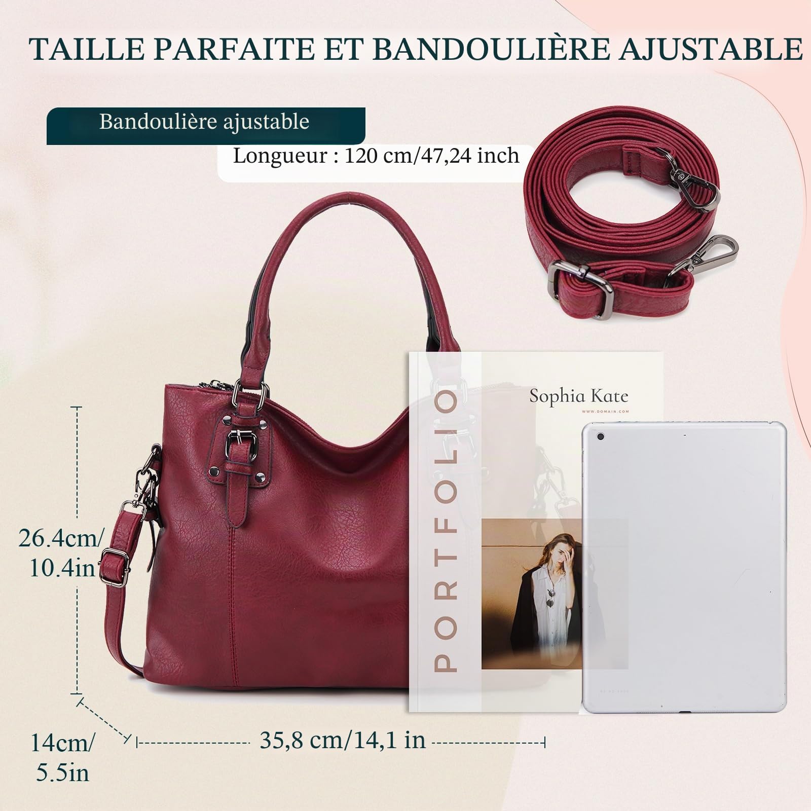 Sac à Main Femme en Cuir PU Sac Bandoulière Femme Hobo Cabas Fourre Tout Vintage, Grand Capacité Sangle Réglable pour Travail, Shopping, Voyage