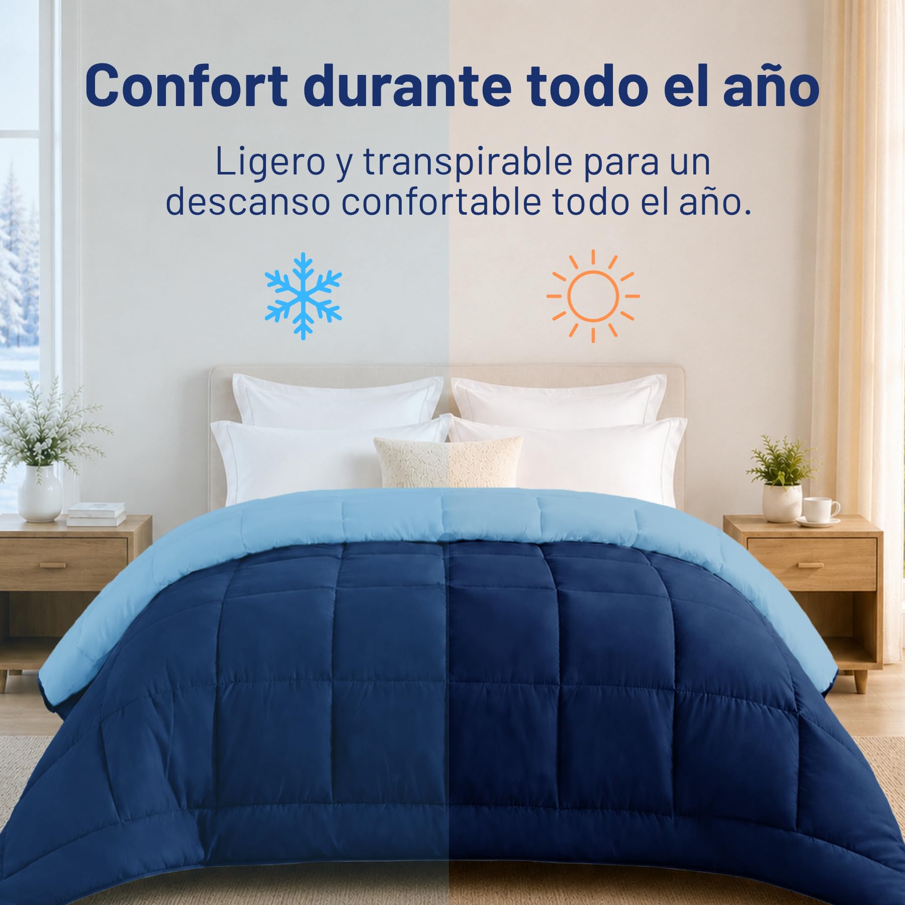 DALINA Edredón de Fibra para Cama 135, 220 x 220 cm, 300gr/M², Azul | Relleno Nórdico 100% Poliester, Doble Cara Comfortable, Suave, Transpirable, Grueso