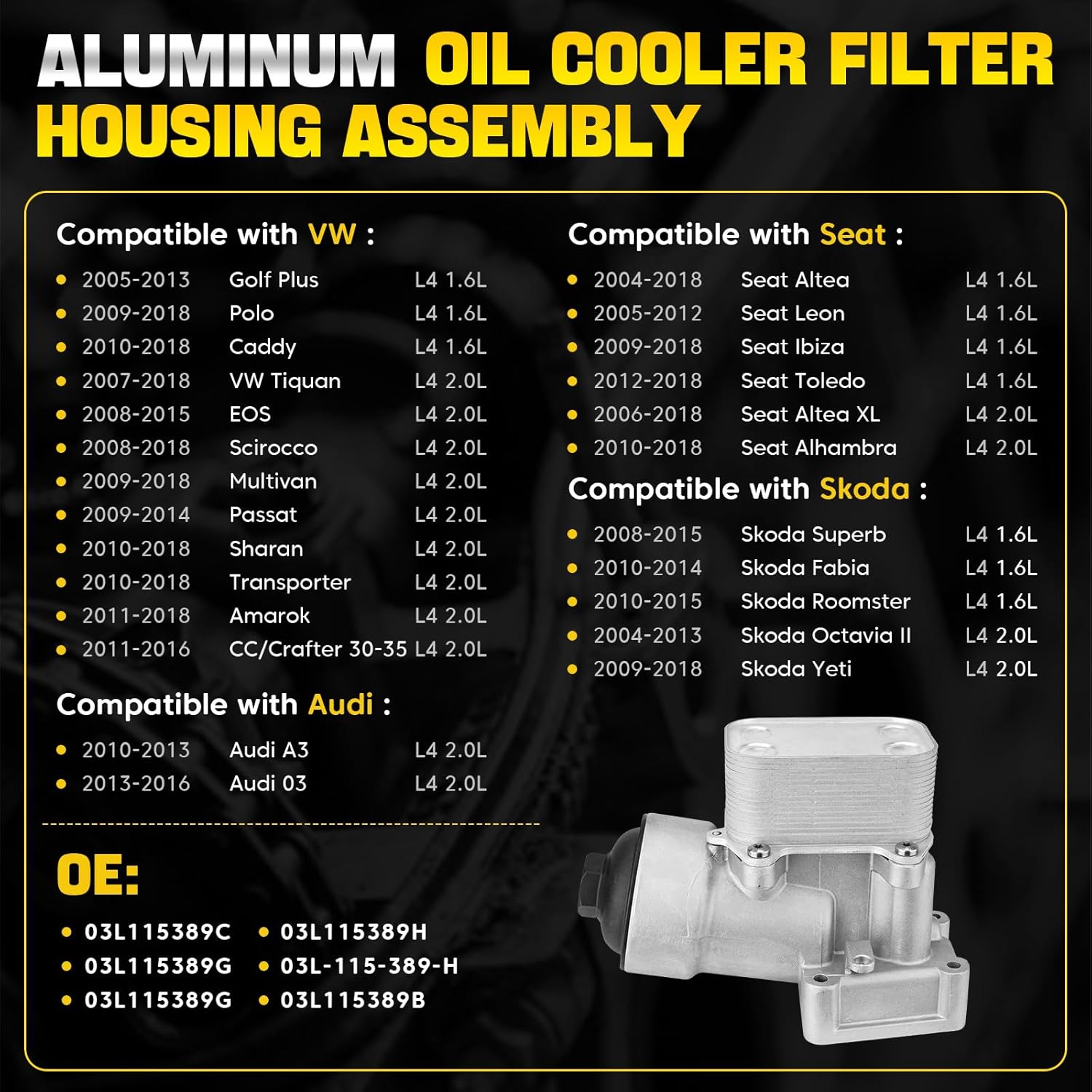 Aluminium Oil Filter Housing Assembly Compatible with 2012-2014 VW Amarok Passat Audi A3 Q3 2.0L 03L115389H 03L115389B 03L115389C 03L115389G 03L-115-389-H Oil Cooler