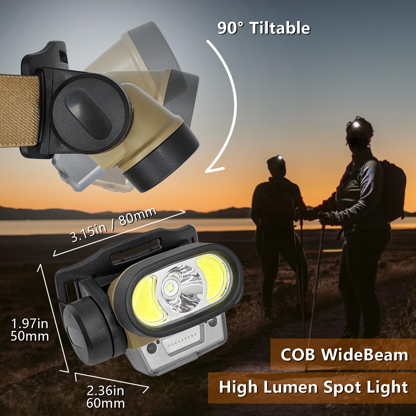 Stirnlampen, 2 Stück, wiederaufladbare Taschenlampe, Bewegungssensor, Breitstrahl, helles Stirnband, leicht, wasserdicht, für Outdoor, Laufen, Camping, Wandern, Jagd