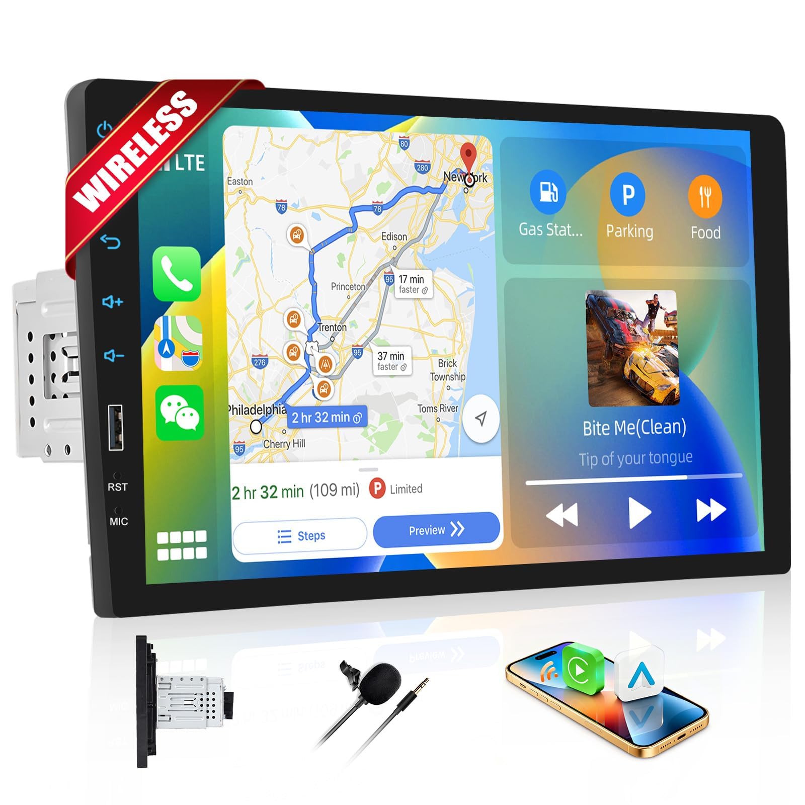 CAMECHO Wireless Carplay 1 DIN Autoradio con Car play Wireless Android Auto, Stereo auto con Schermo da 9 Pollici, Vivavoce Bluetooth, FM Radio, EQ, Mirror Link, Supporta USB+SWC