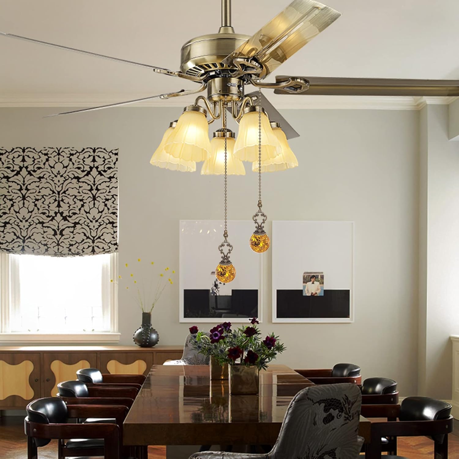 Amber Pull Chain Ceiling Fan Ornaments - 2 Pieces, 30CM Each Chain with Crystal Ice Cracked Ball