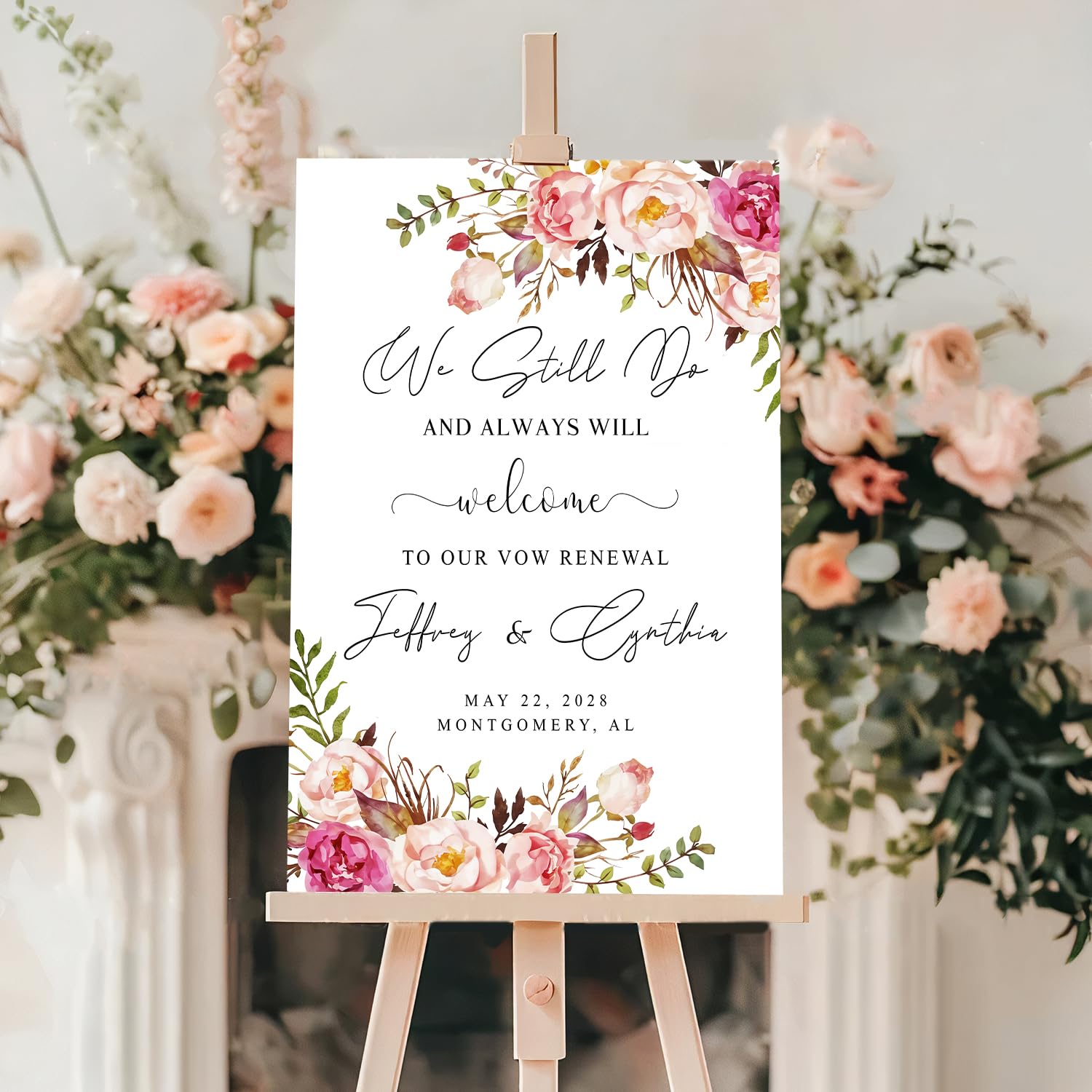 Personalized Pink Floral Welcome To Our Vow Renewal Sign, We Still Do Welcome Sign With Stand, Happy Anniversary Wedding Welcome Sign, Welcome Sign