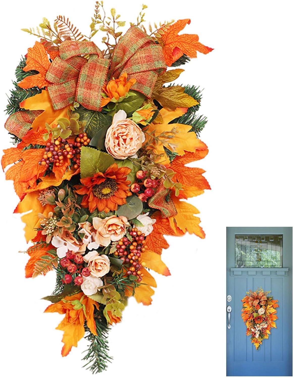 Maple Leaf Door Hanger Fall Flowers Wreath Thanksgiving Decoration Garland Hanging Maple Leaf Fall Decoration Simulation Garland Pendant Window Decor (B)