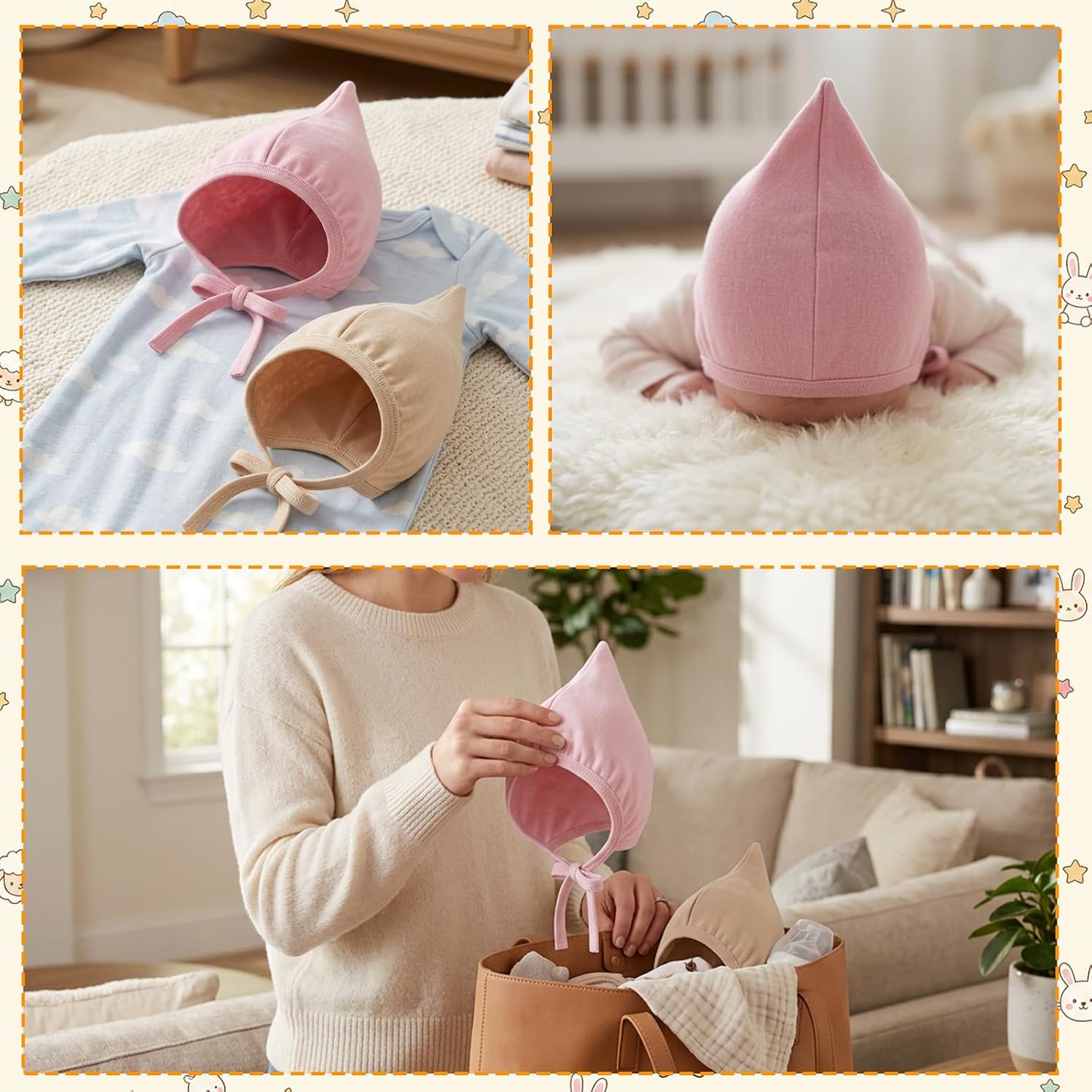 2-Pack Newborn Baby Bonnet, Infant Hospital Hat with Ear Protection, Windproof Newborn Bonnet and Sleepy Hat Baby, Dark Pink and Khaki