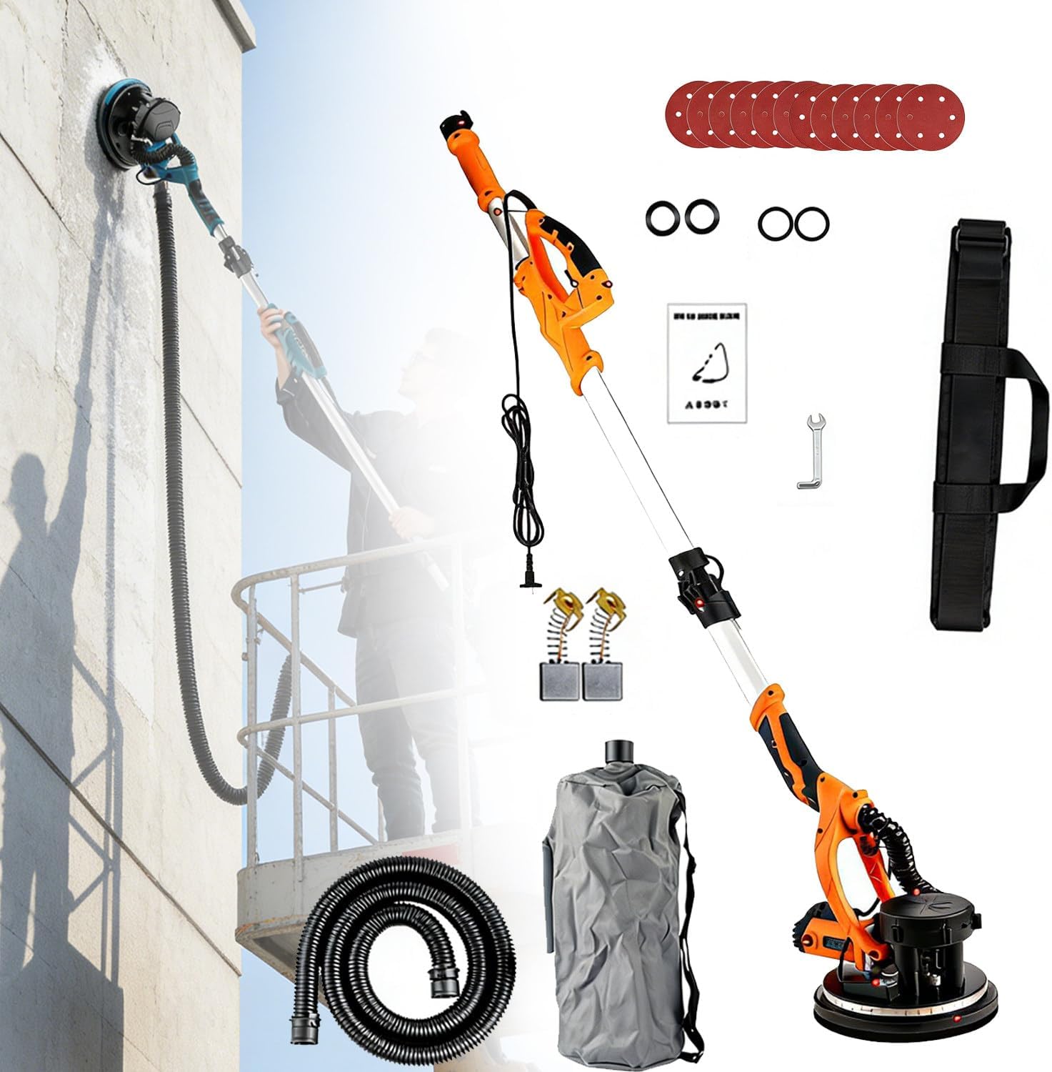 Electric Drywall Sander with Portable Storage Backpack, 500-2000RPM 6 Gear Speed, Ultra Bright LED Light, Extendable Pole & Standard 12 Pcs Sanding Discs Orange-110V
