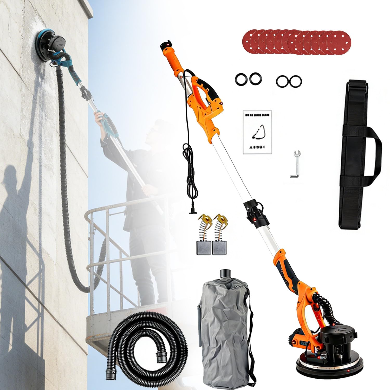 Lijadora eléctrica para paneles de yeso con velocidad de 500-2000 rpm, luz LED, poste extensible y 12 discos de lijado, mochila de almacenamiento portátil incluida