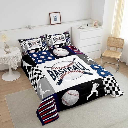 Miniatura 4 de Erosebridal Juego de edredón de béisbol  Juego de edredón de béisbol para niños y adolescentes, tamaño Queen, juego de edredón geométrico a cuadros