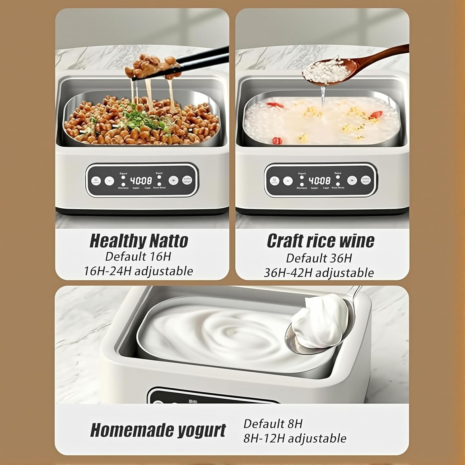 Images showing the preparation of Natto, Rice Wine, and Homemade Yogurt with their respective default and adjustable fermentation times.