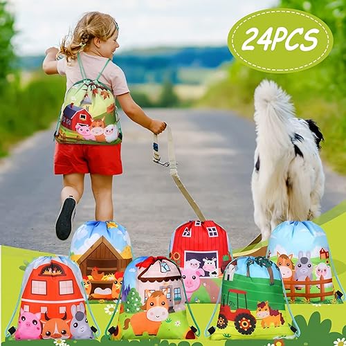 Miniatura 2 de Rtteri Paquete de 24 bolsas con cordón de granja de 12 x 10 pulgadas, bolsa de regalo de fiesta de animales de granja, suministros para fiesta de